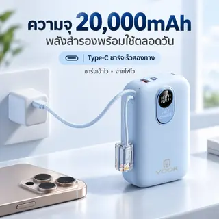 YOOK แบตสํารอง 20000mah powerbank เล็ก แบบพกพา fast charge 22.5W มีสายในตัว พาวเวอร์แบงค์ รูปที่ 2